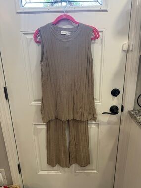 Petal & Pup Ribbed Sleeveless Top and Wide-Leg Pant Set — Taupe
